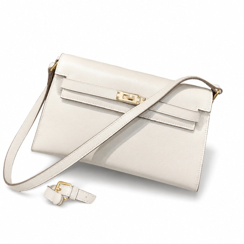 Kelly Elan 25 Underarm Baguette Bag, Genuine Top Layer Cowhide with Goat Grain, Gold Hardware Minimalist Off White Shoulder Handbag, Size 25×6.5×15cm Elegant Soft Tone Daily Purse for Women
