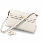 Kelly Elan 25 Underarm Baguette Bag, Genuine Top Layer Cowhide with Goat Grain, Gold Hardware Minimalist Off White Shoulder Handbag, Size 25×6.5×15cm Elegant Soft Tone Daily Purse for Women