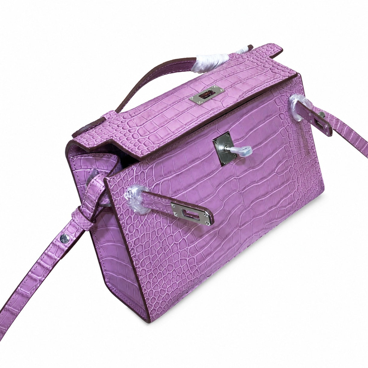 Kelly Pochette Lilac Shiny Niloticus Crocodile Leather Palladium Hardware Women Clutch Bag
