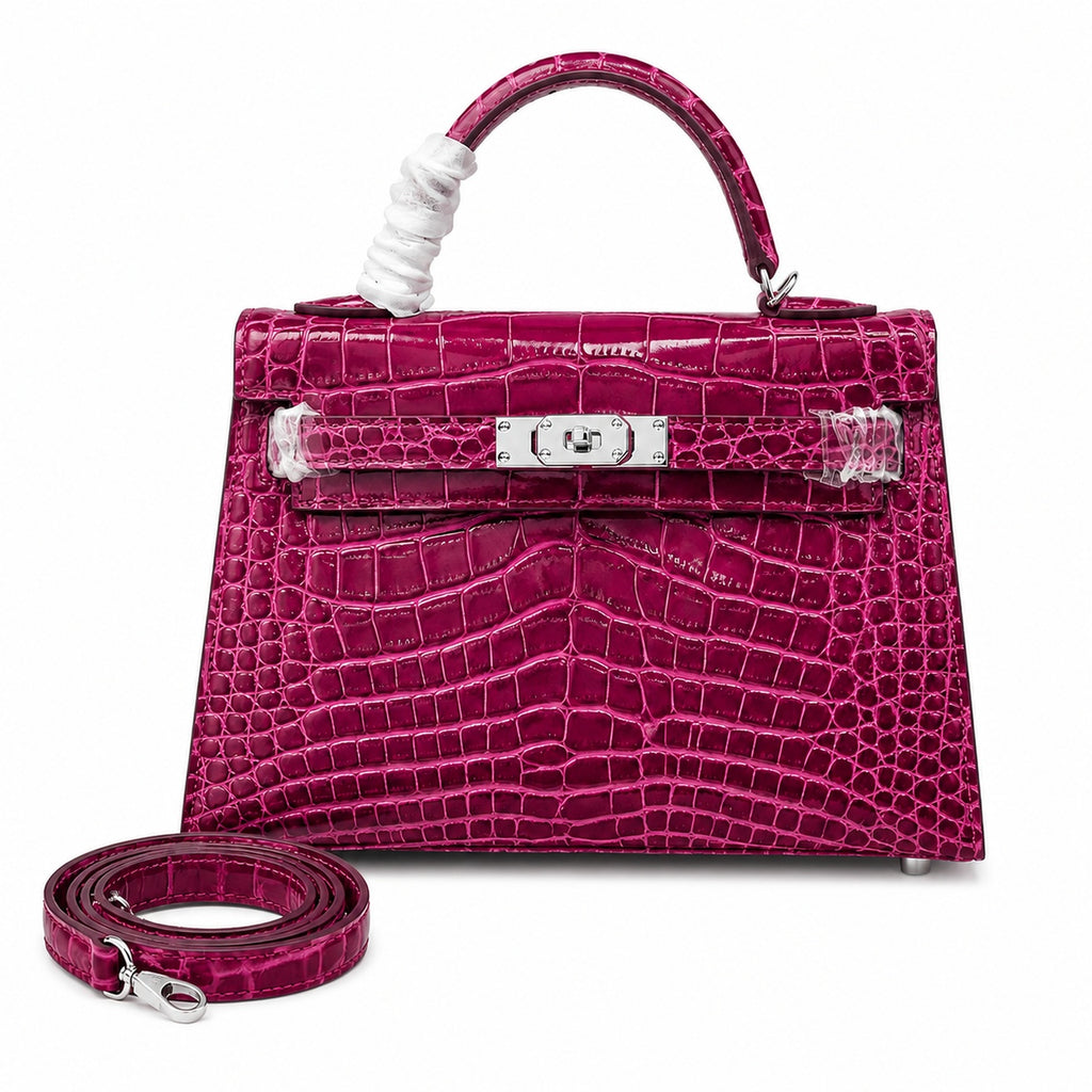 Kelly Sellier 19cm Fuchsia Shiny Crocodile Leather Gold Hardware & Palladium Hardware Women Handbag