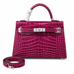 Kelly Sellier 19cm Fuchsia Shiny Crocodile Leather Gold Hardware & Palladium Hardware Women Handbag