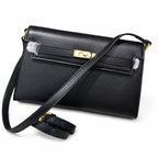 Kelly Elan 25 Underarm Baguette Bag, Genuine Top Layer Cowhide with Glossy Goat Grain, Gold Hardware Black Shoulder Handbag, Spacious Capacity Casual Versatile Daily Purse Size 25×6.5×15cm