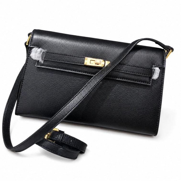 Kelly Elan 25 Underarm Baguette Bag, Genuine Top Layer Cowhide with Glossy Goat Grain, Gold Hardware Black Shoulder Handbag, Spacious Capacity Casual Versatile Daily Purse Size 25×6.5×15cm