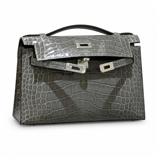 Kelly Pochette Gris Elephant Shiny Niloticus Crocodile Leather Palladium Hardware & Palladium Hardware Women Clutch Bag