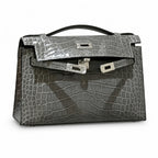 Kelly Pochette Gris Elephant Shiny Niloticus Crocodile Leather Palladium Hardware & Palladium Hardware Women Clutch Bag