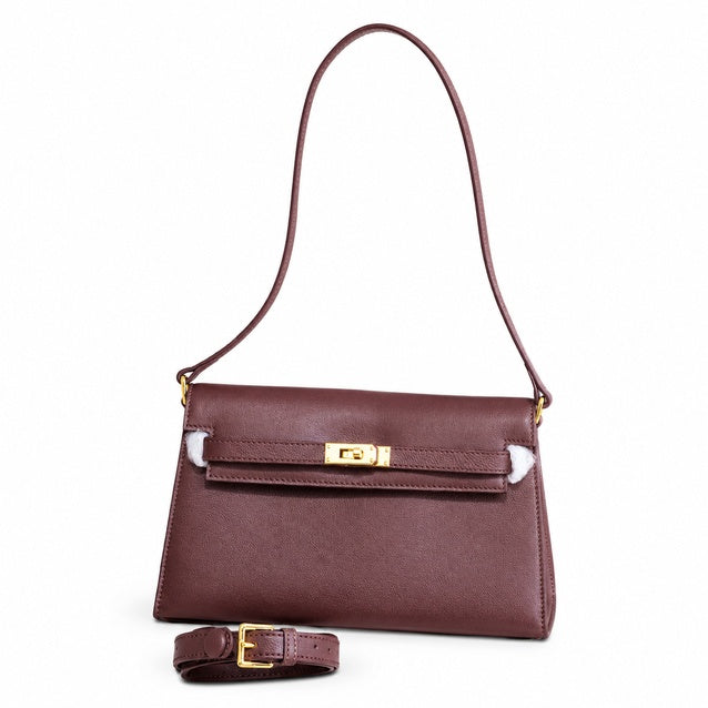 Kelly Elan 25 Underarm Baguette Bag, Genuine Top Layer Cowhide Goat Grain Leather, Gold Hardware Havane Brown Shoulder Purse, Low-key Old Money Vintage Style Daily Handbag Size 25×6.5×15cm