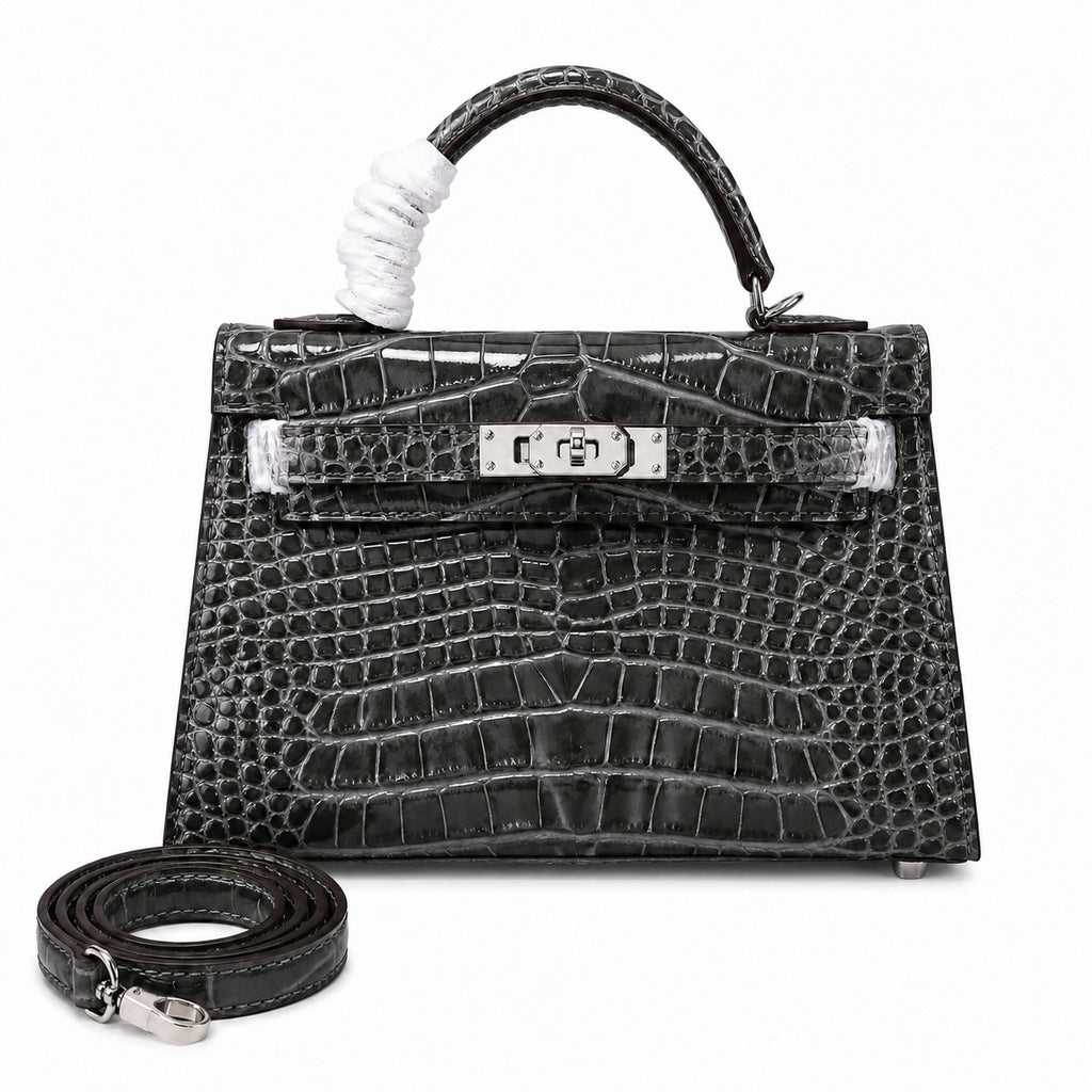Kelly Sellier 19cm Gris Elephant Shiny Crocodile Leather Gold Hardware & Palladium Hardware Women Handbag