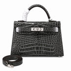 Kelly Sellier 19cm Gris Elephant Shiny Crocodile Leather Gold Hardware & Palladium Hardware Women Handbag