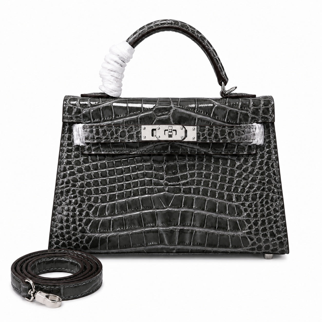 Kelly Sellier 19cm Gris Elephant Shiny Crocodile Leather Gold Hardware & Palladium Hardware Women Handbag