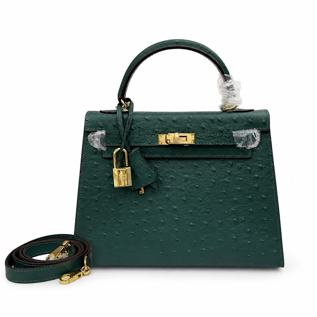 Kelly Sellier 25cm Vert Cypress Ostrich Gold Hardware Vintage Women Handbag