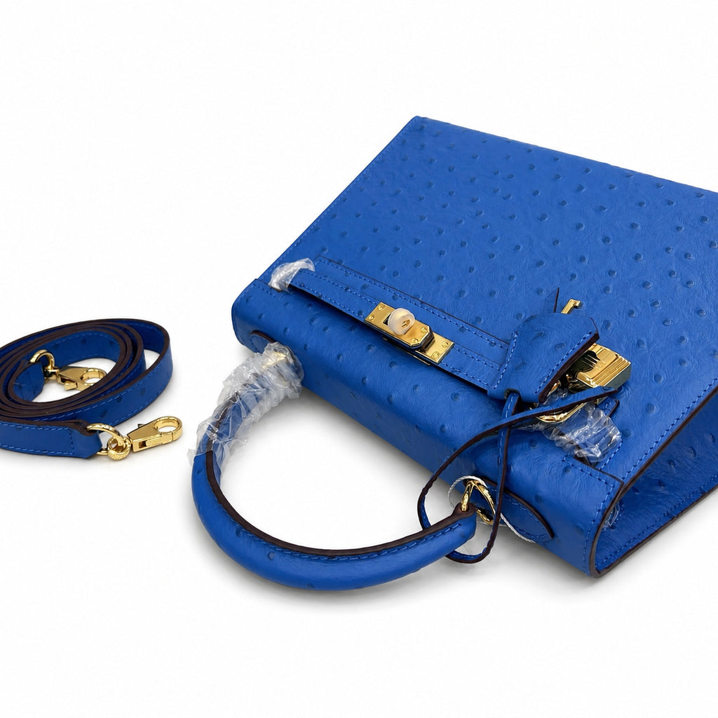 Kelly Sellier 25cm Bleu Electrique Ostrich Gold Hardware Premium Crossbody Purse