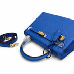 Kelly Sellier 25cm Bleu Electrique Ostrich Gold Hardware Premium Crossbody Purse