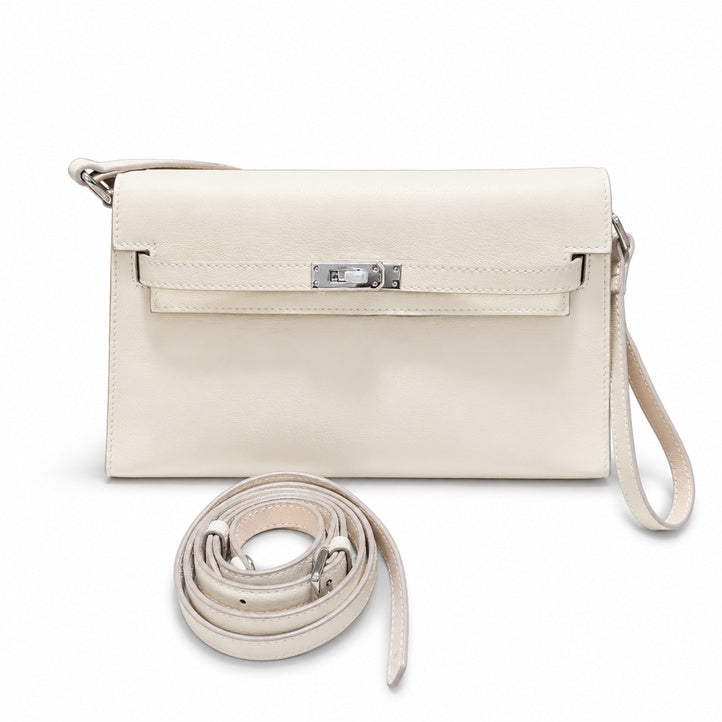 Kelly Elan 25 Underarm Baguette Bag, Genuine Top Layer Cowhide Goat Grain Leather, Silver Hardware Off White Shoulder Handbag, Youthful Elegant Goddess Daily Purse Size 25×6.5×15cm