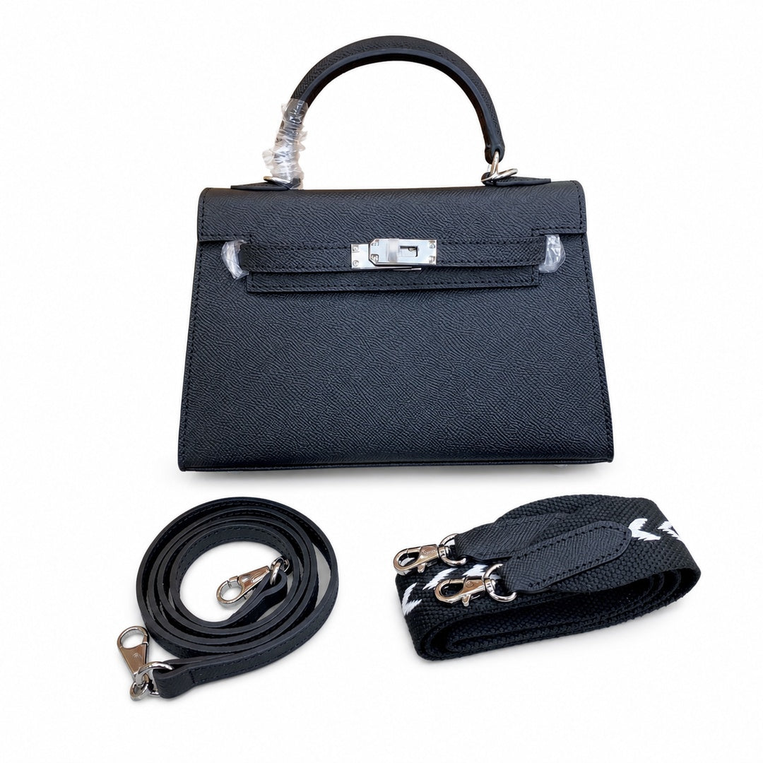 Mini Kelly II Sellier 19cm & 22cm Noir Epsom Leather Palladium Hardware Women Mini Handbag