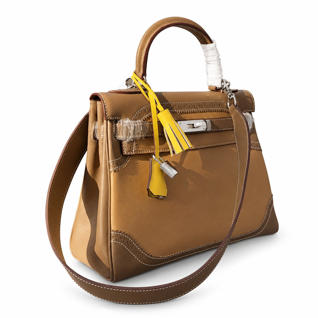 Kelly Sellier Ghillies 28cm Beige Poussière & Marron Foncé Barenia Leather Palladium Hardware Women Handbag