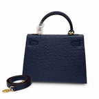 elly Sellier 25cm Bleu Nuit Ostrich Gold Hardware Luxury Commute Handbag
