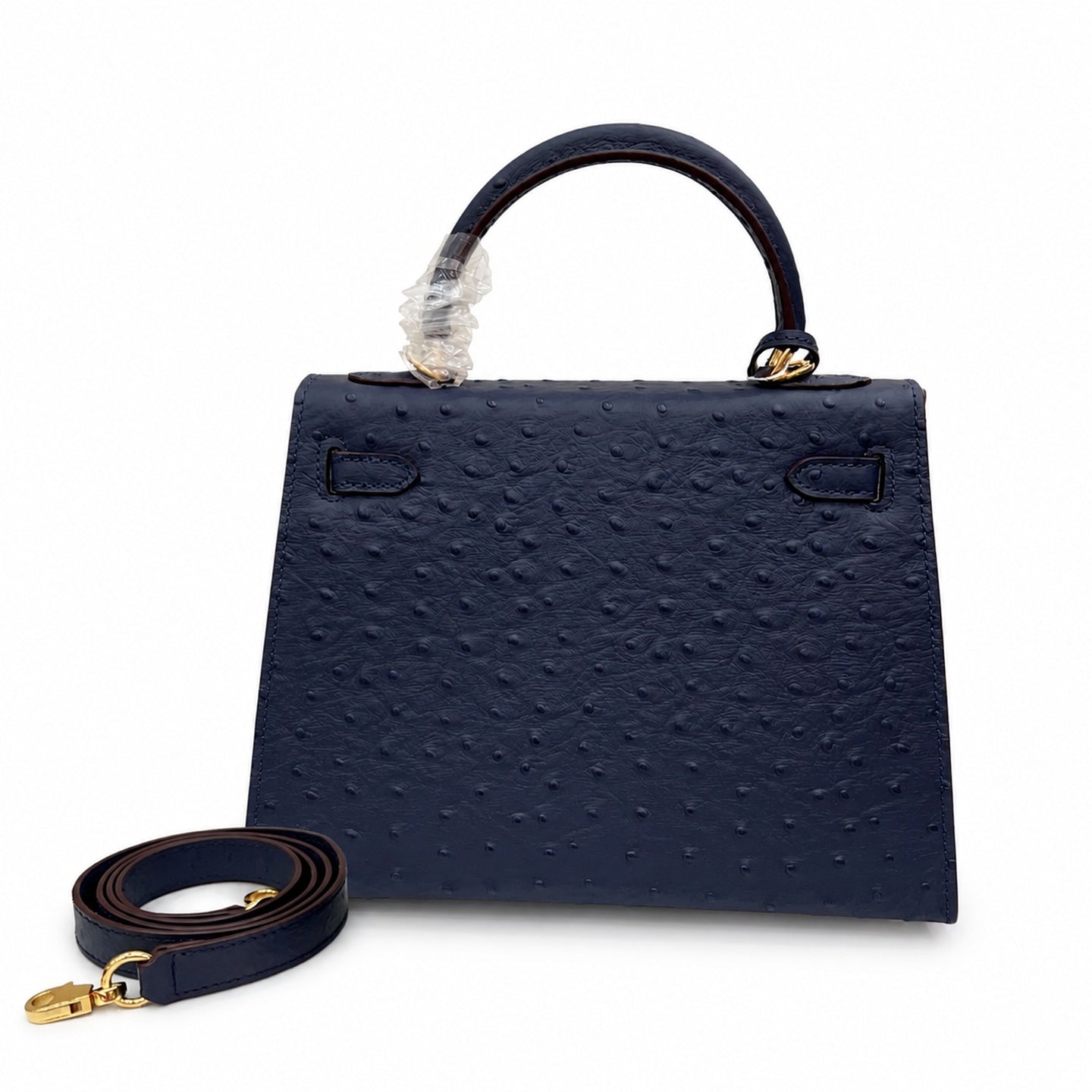 elly Sellier 25cm Bleu Nuit Ostrich Gold Hardware Luxury Commute Handbag