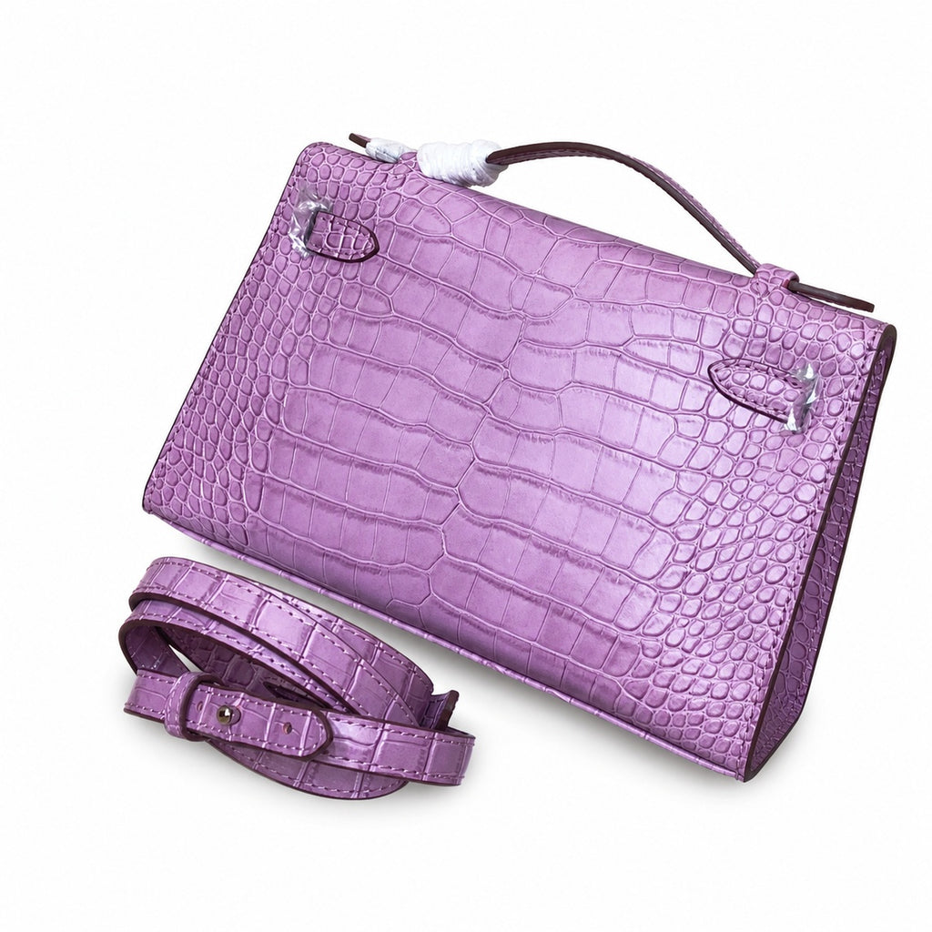 Kelly Pochette Lilac Shiny Niloticus Crocodile Leather Palladium Hardware Women Clutch Bag