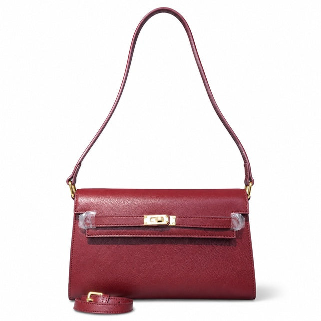 Kelly Elan 25 Underarm Baguette Bag, Genuine Top Layer Cowhide Goat Grain Leather, Gold Hardware Vintage Wine Red Shoulder Handbag, Elegant Luxury Quiet Glam Daily Purse Size 25×6.5×15cm