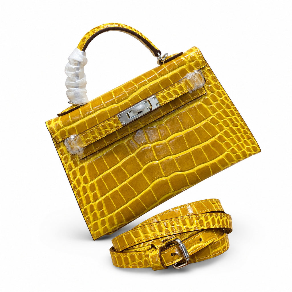 Kelly Sellier 19cm Jaune Ambre Shiny Crocodile Leather Gold Hardware & Palladium Hardware Women Handbag