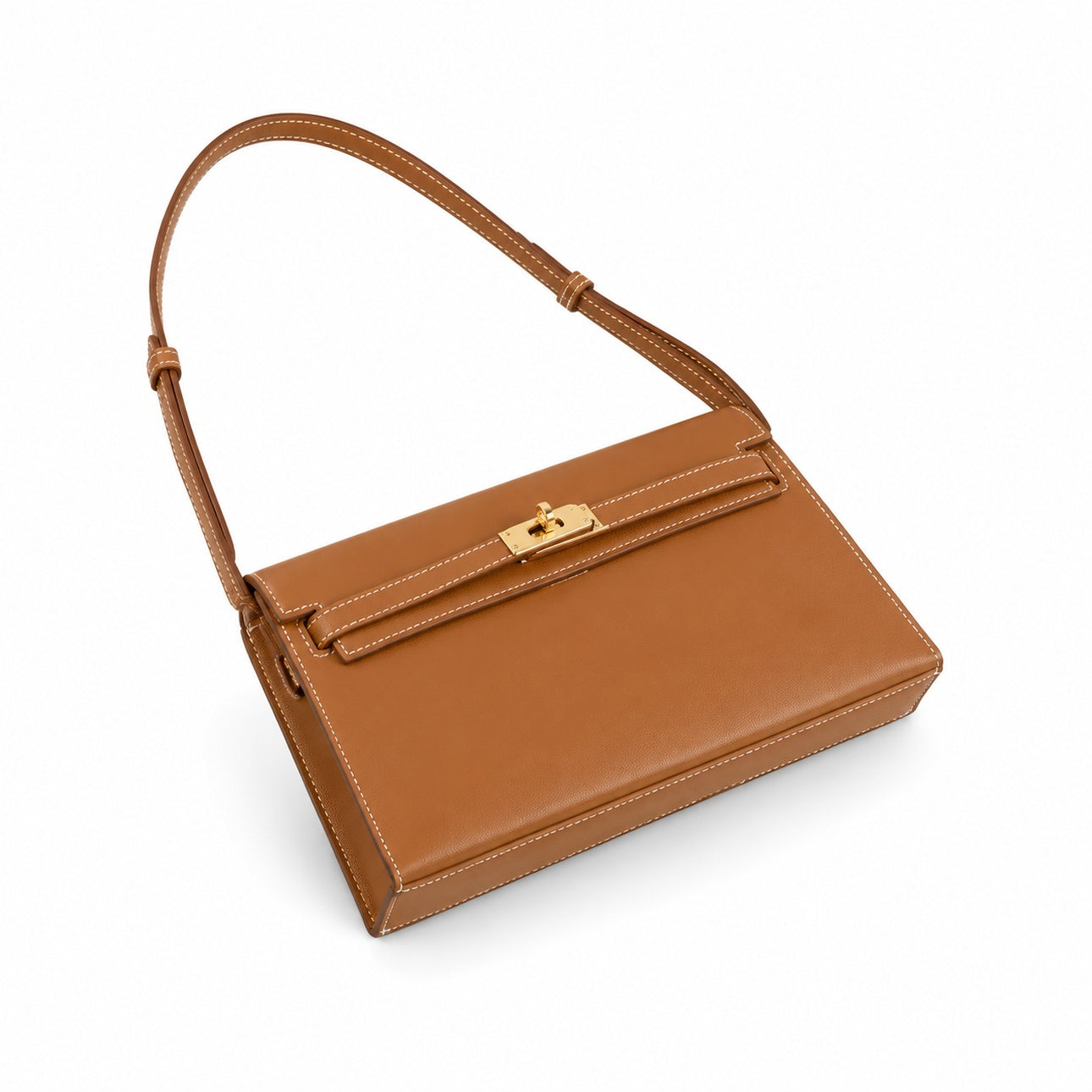 Kelly Elan 25 Top-Grain Leather Goat-Pattern Underarm Baguette Bag – Gold Buckle, Coffee Brown, 25×6.5×15cm