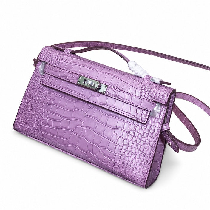 Kelly Pochette Lilac Shiny Niloticus Crocodile Leather Palladium Hardware Women Clutch Bag