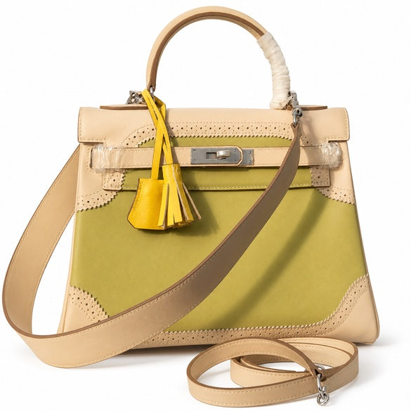 Kelly Sellier Ghillies 28cm Craie & Vert Pomme Barenia Leather Palladium Hardware Women Handbag