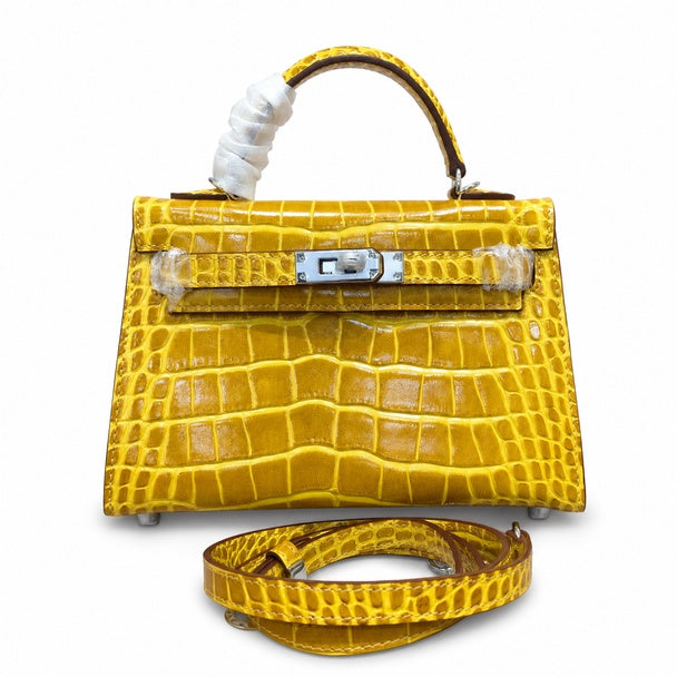 Kelly Sellier 19cm Jaune Ambre Shiny Crocodile Leather Gold Hardware & Palladium Hardware Women Handbag
