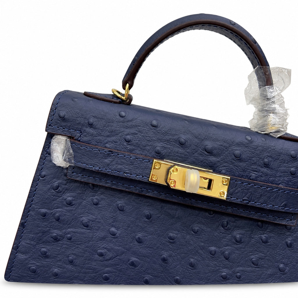 Mini Kelly Sellier 19cm Bleu Nuit Ostrich Leather Gold Hardware Women Mini Handbag
