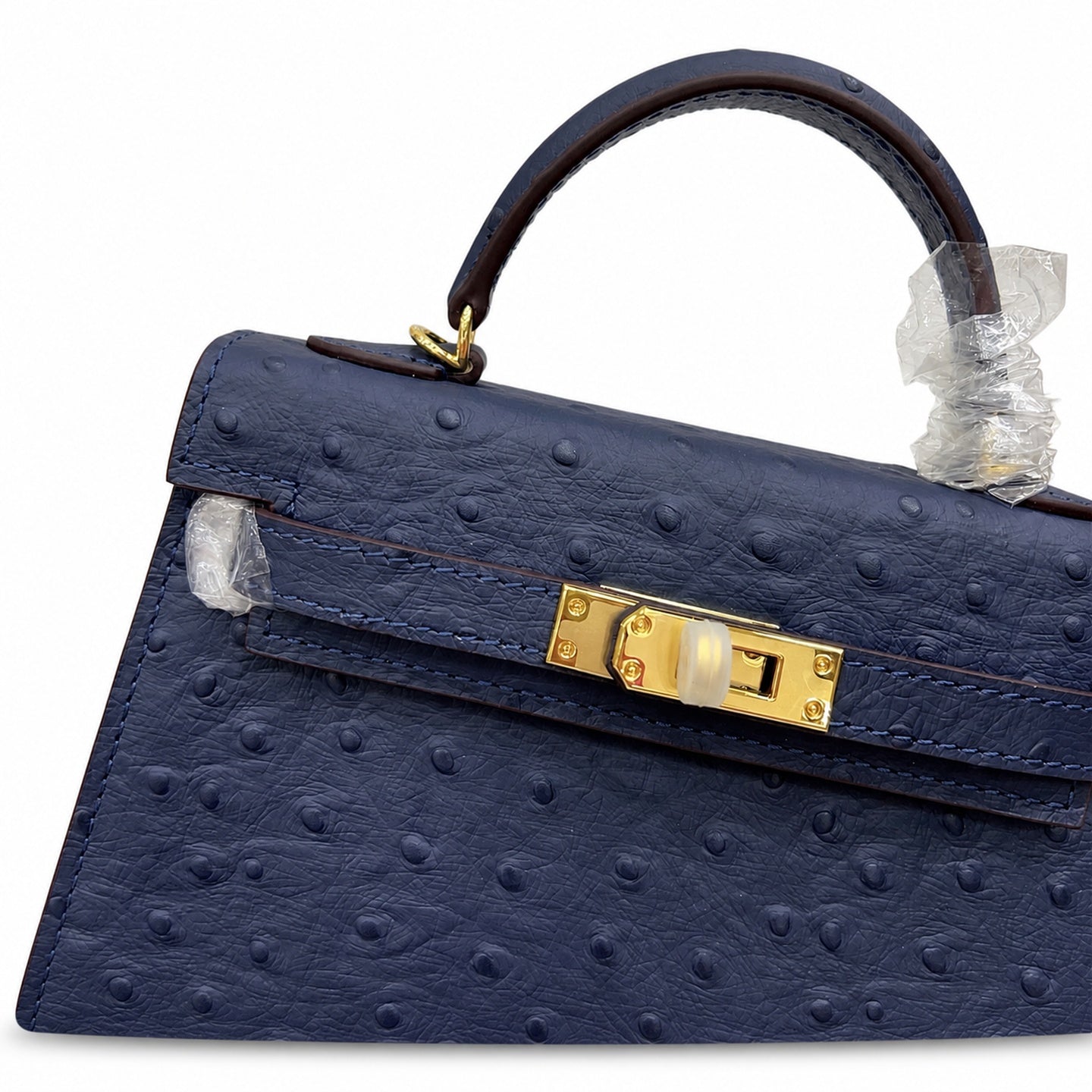 Mini Kelly Sellier 19cm Bleu Nuit Ostrich Leather Gold Hardware Women Mini Handbag