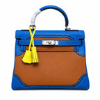 Kelly Sellier Ghillies 28cm Bleu Izmir & Natural Sable Barenia Leather Palladium Hardware Women Handbag