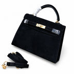 Kelly Sellier 22cm Noir Suede Leather Gold Hardware Women Mini Handbag