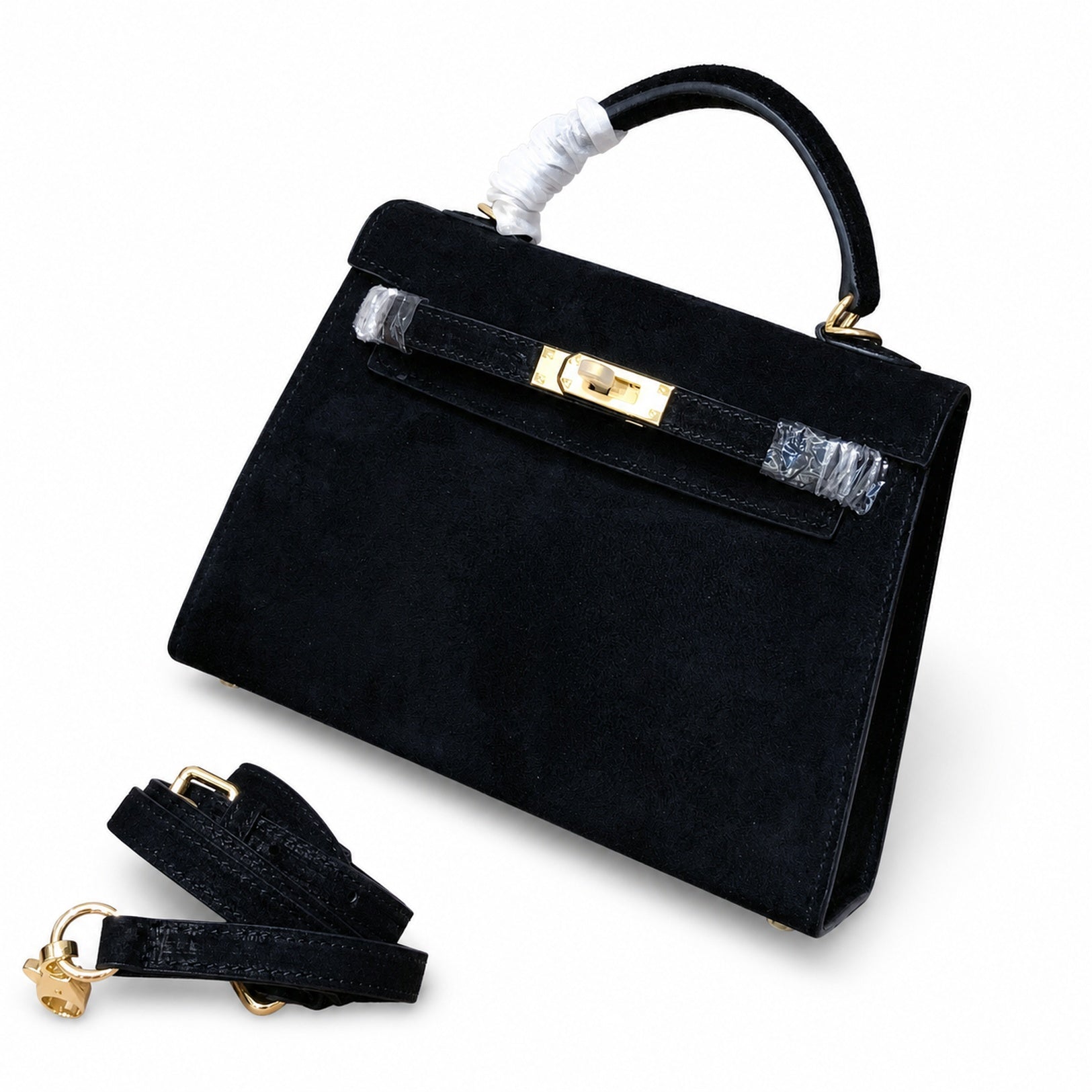 Kelly Sellier 22cm Noir Suede Leather Gold Hardware Women Mini Handbag