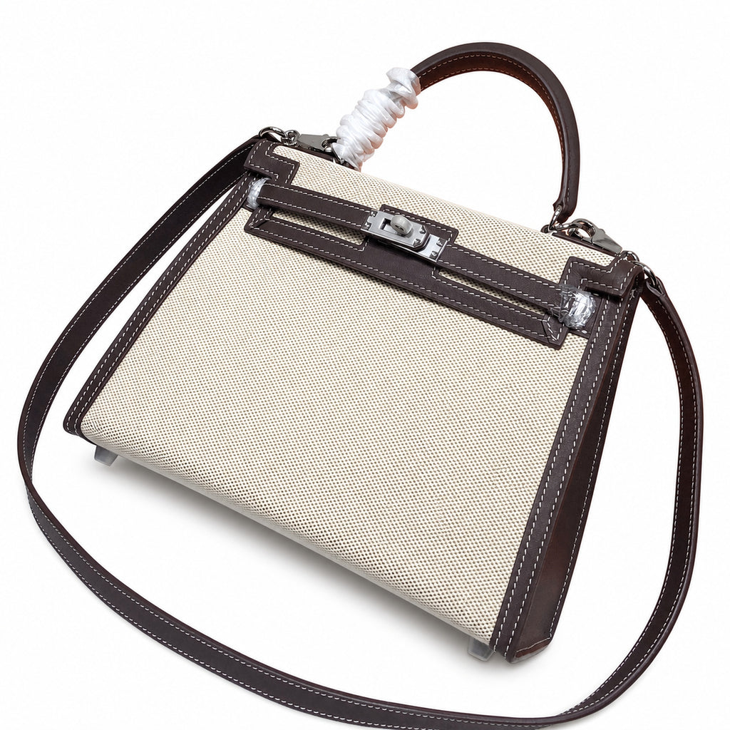 Kelly 25 Bag With Exterior Stitching Crafted Of Patchwork Canvas & Premium Swift Leather, Classic Deep Ebony Wood Shade, Unique Mixed Material Texture With Distinct Vintage Charm Dimensions: Length 25 * Width 10 * Height 18cm