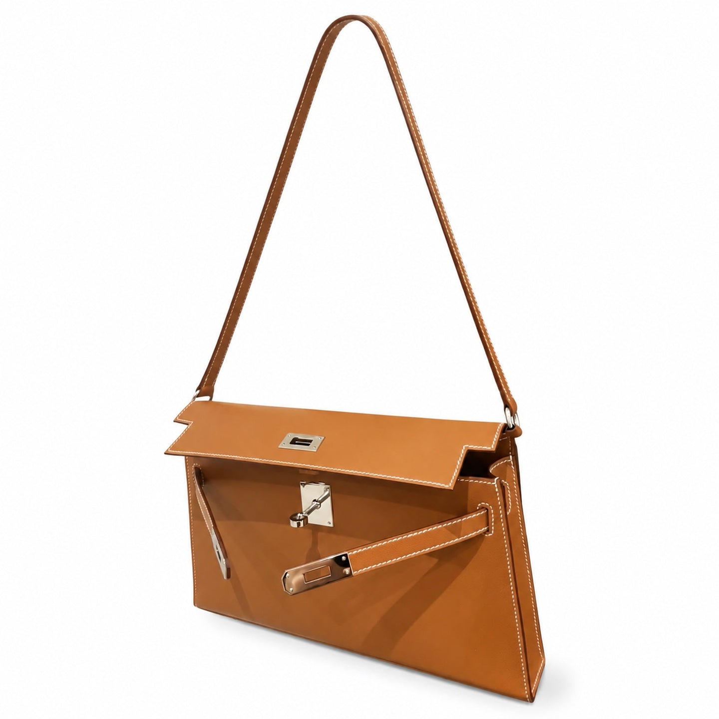 Kelly Elan 25 Underarm Baguette Bag, Genuine Top Layer Cowhide Goat Grain Leather, Silver Hardware Caramel Brown Shoulder Purse, Vintage Classic Fall Winter Must-Have Handbag Size 25×6.5×15cm