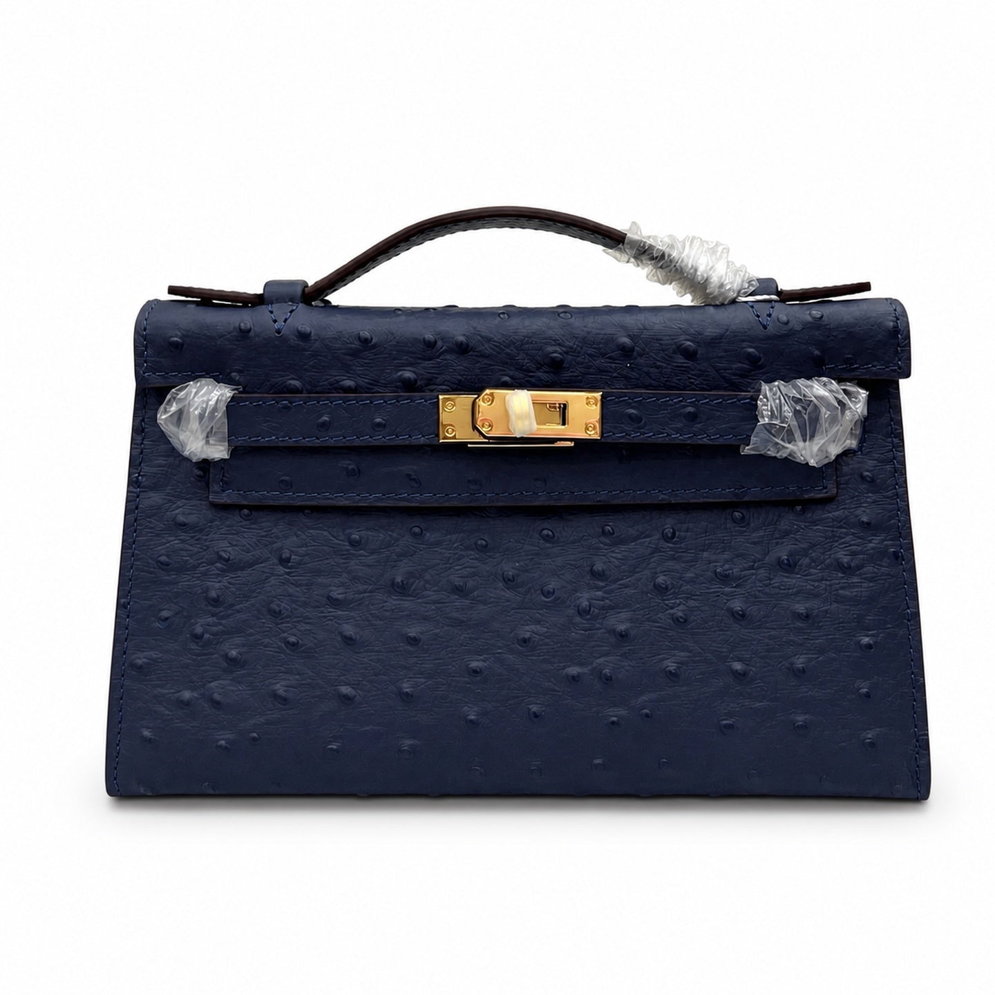 Mini Kelly Sellier 22cm Bleu Nuit Ostrich Leather Gold Hardware Women Mini Handbag