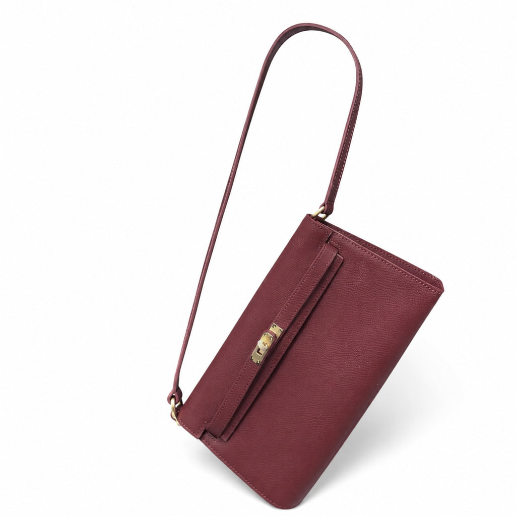 Kelly Elan 25 Underarm Baguette Bag, Genuine Top Layer Cowhide Goat Grain Leather, Gold Hardware Vintage Wine Red Shoulder Handbag, Elegant Luxury Quiet Glam Daily Purse Size 25×6.5×15cm
