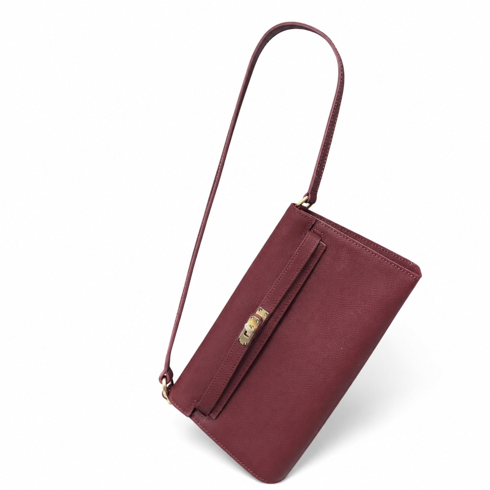 Kelly Elan 25 Underarm Baguette Bag, Genuine Top Layer Cowhide Goat Grain Leather, Gold Hardware Vintage Wine Red Shoulder Handbag, Elegant Luxury Quiet Glam Daily Purse Size 25×6.5×15cm