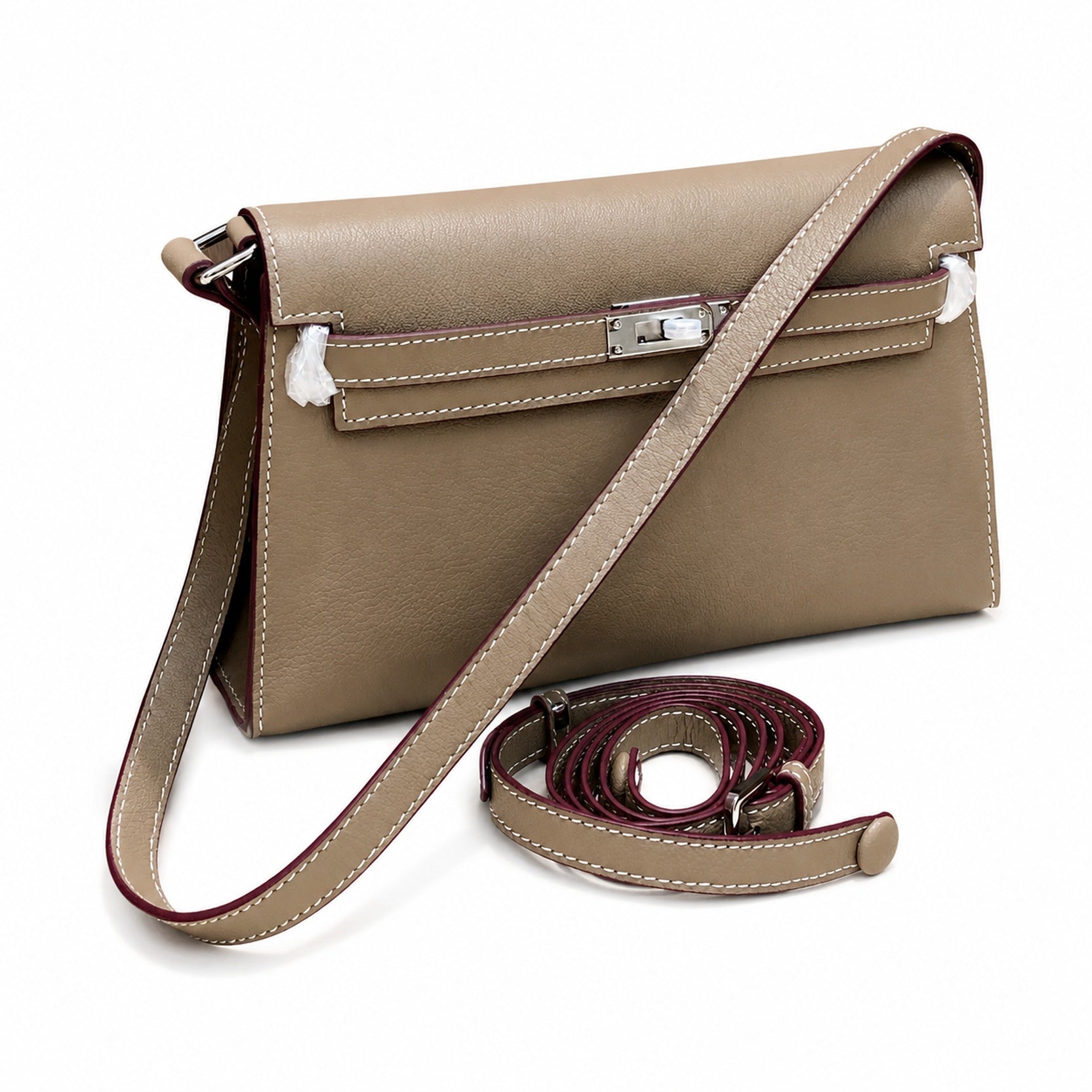 Kelly Elan 25 Underarm Baguette Bag, Genuine Top Layer Cowhide Goat Grain Leather, Silver Hardware Khaki Shoulder Handbag, Timeless Neutral Must-have Bag Elegant Versatile Daily Purse Size 25×6.5×15cm