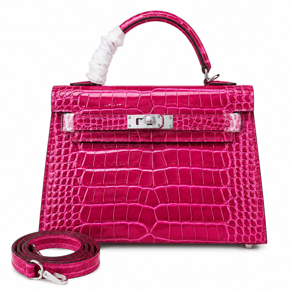 Kelly Sellier 22cm  Fuchsia Shiny Crocodile Leather Gold Hardware & Palladium Hardware Women Handbag