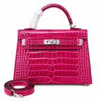 Kelly Sellier 22cm  Fuchsia Shiny Crocodile Leather Gold Hardware & Palladium Hardware Women Handbag
