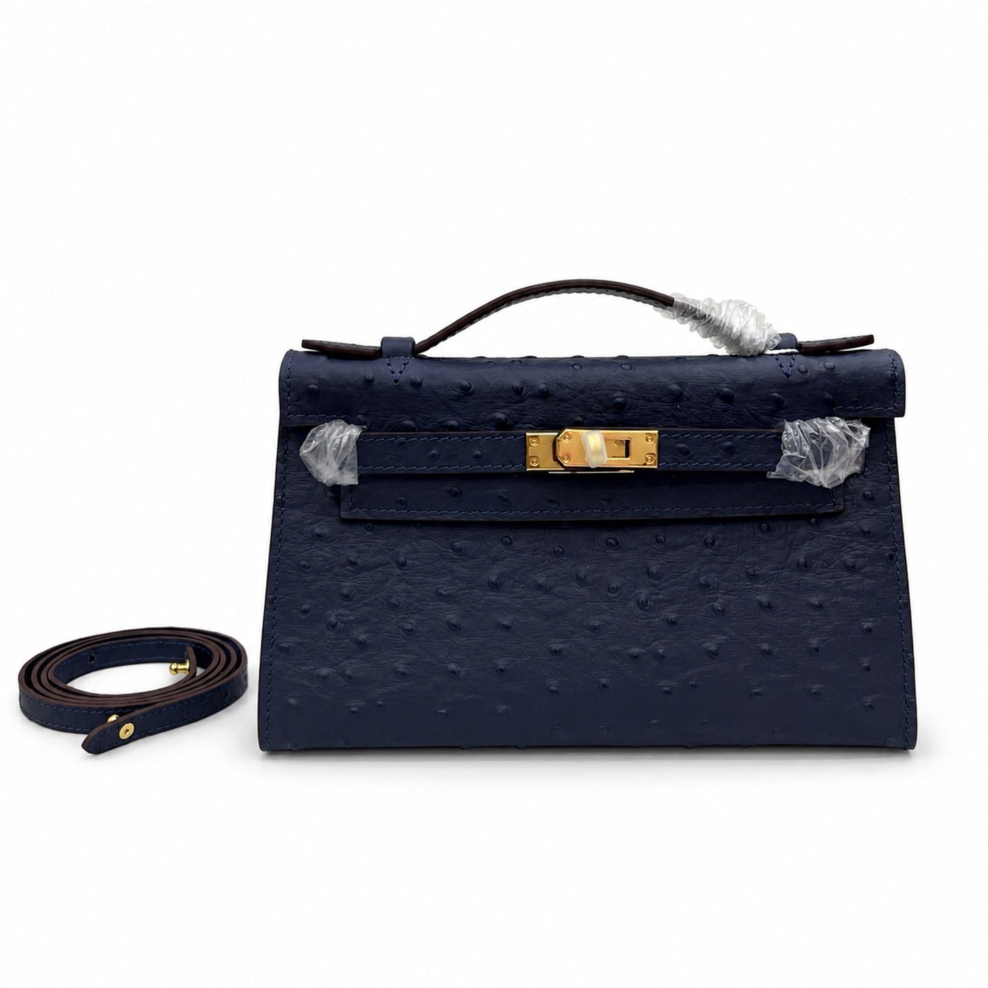 Mini Kelly Sellier 22cm Bleu Nuit Ostrich Leather Gold Hardware Women Mini Handbag