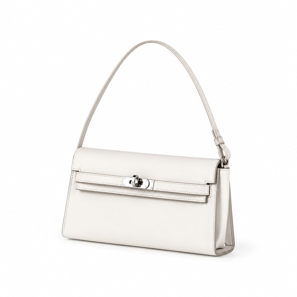 Kelly Elan 25 Underarm Baguette Bag, Genuine Top Layer Cowhide Goat Grain Leather, Silver Hardware Off White Shoulder Handbag, Youthful Elegant Goddess Daily Purse Size 25×6.5×15cm