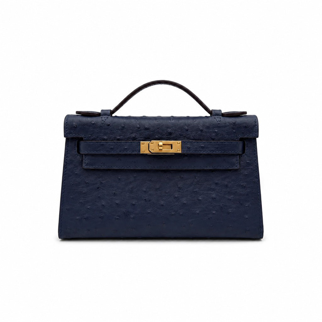 Mini Kelly Sellier 22cm Bleu Nuit Ostrich Leather Gold Hardware Women Mini Handbag