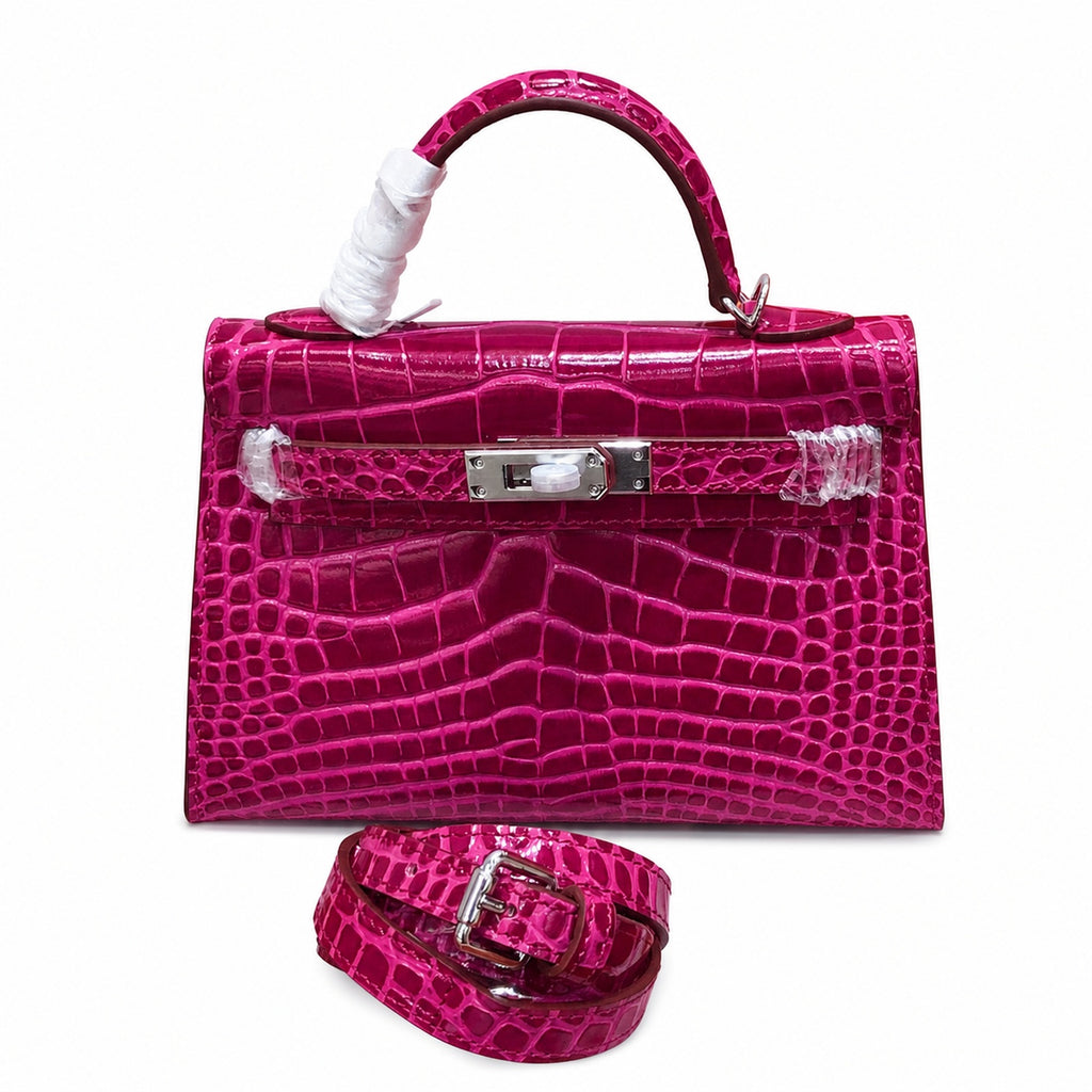 Kelly Sellier 19cm Fuchsia Shiny Crocodile Leather Gold Hardware & Palladium Hardware Women Handbag
