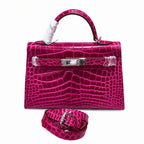 Kelly Sellier 19cm Fuchsia Shiny Crocodile Leather Gold Hardware & Palladium Hardware Women Handbag