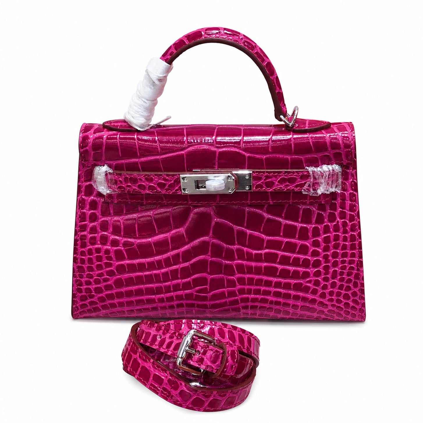 Kelly Sellier 19cm Fuchsia Shiny Crocodile Leather Gold Hardware & Palladium Hardware Women Handbag