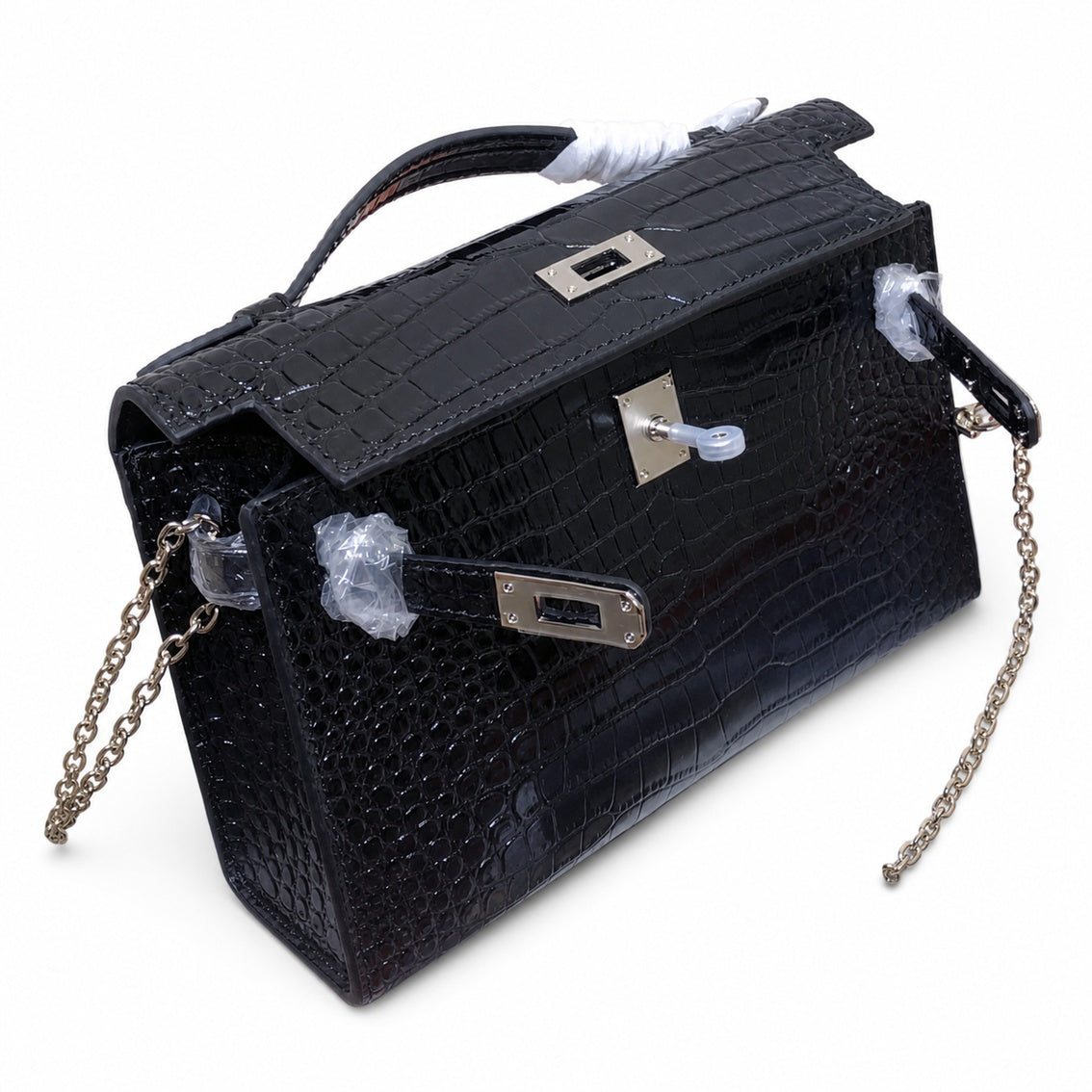 Kelly Pochette Noir Shiny Niloticus Crocodile Leather Palladium Hardware & Palladium Hardware Women Clutch Bag