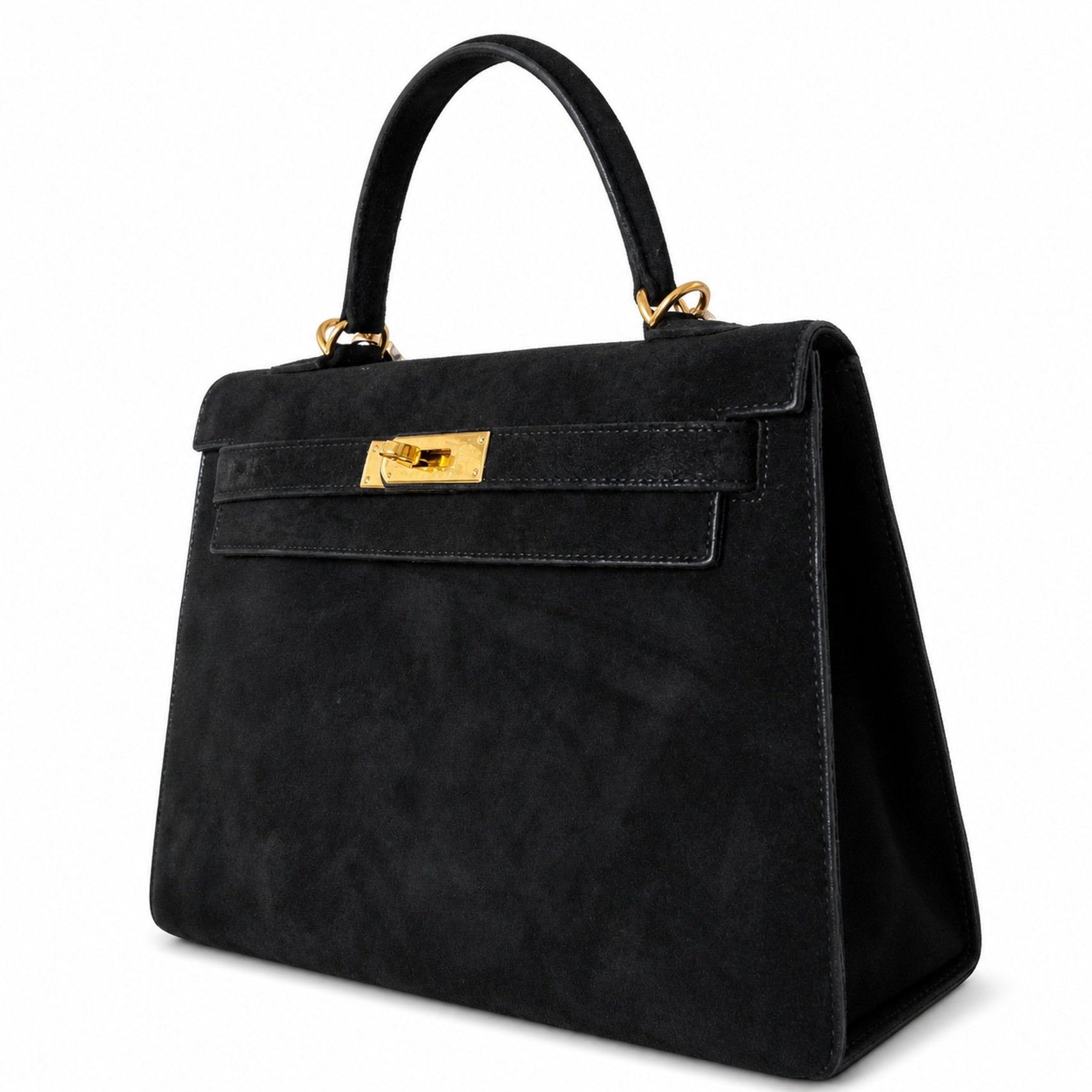 Kelly Sellier 22cm Noir Suede Leather Gold Hardware Women Mini Handbag