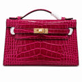 Kelly Pochette Fuchsia Shiny Niloticus Crocodile Leather Gold Hardware Women Clutch Bag